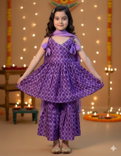 Naixa Girls Purple Rayon V Neck Sleeveless Checked Printed Kurta And Sharara With Dupatta Set | Latest Checked Designer Printed