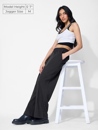 The Souled Store Solids: Ink Black Women and Girls Pull On Solid Cotton Flared Joggers