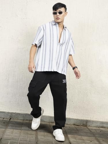 Hubberholme Men Cotton Short Sleeves Oversized Striped Shirt 13