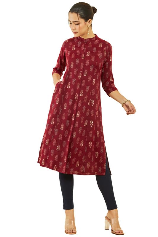 Soch Womens Rayon Floral Foil Print Straight Kurta with Pocket