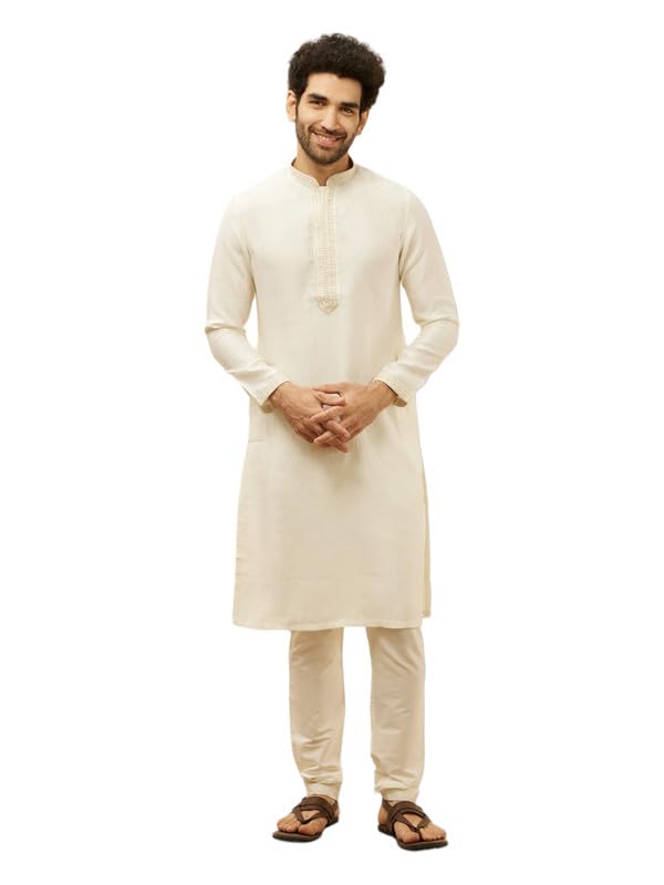 Manyavar Mens Warm White Art Silk Printed Kurta Pyjama Set