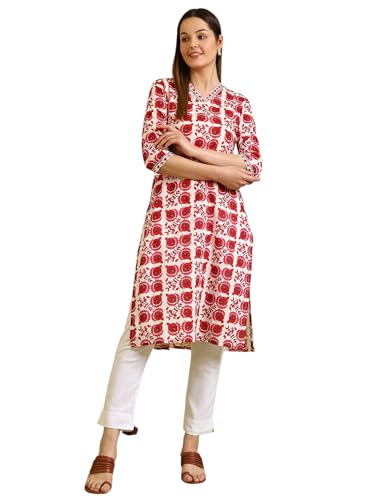W for Woman Floral Printed Straight Pure Cotton Kurta with Border Patch