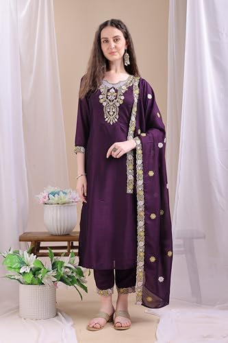 Pratham Blue WomenS Silk Embroidered Straight Kurta Palazzos With Dupatta |Kurta Sets For Women |WomenS Kurta |Women Embroider