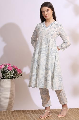 W for Woman White Floral Printed Pure Cotton Anarkali Kurta, Pants Set with Dupatta