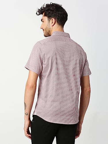 Thomas Scott Mens Printed Slim Fit 100% Cotton Casual Shirt with Spread Collar and Half Sleeve Maroon