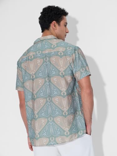 The Souled Store Holiday Shirt: Indie Men and Boys Short Sleeves Collared Neck Button Front Blue All Over Printed Cotton Blend R