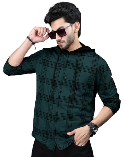 EyeBolger Mens Checkered Hooded Neck Full Sleeve T-Shirt Teal Blue Black