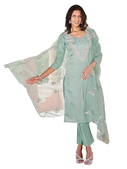 Womanista WomenS Cotton Embroidered Kurta Set (Kurtaset_1135B_Sea Green