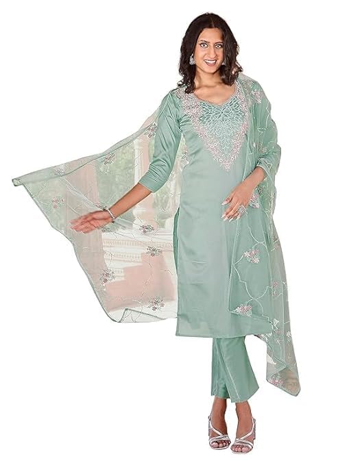 Womanista WomenS Cotton Embroidered Kurta Set (Kurtaset_1135B_Sea Green