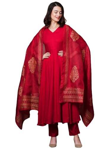 GoSriKi Womens Rayon Blend Solid Anarkali Kurta with Pant & Dupatta (Magic-RED-NDM-GS_M_Red_Medium)