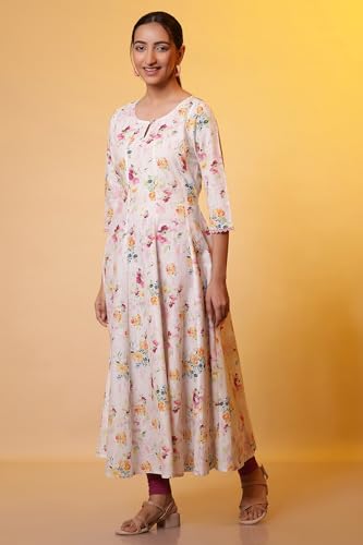 Aurelia Women? Floral Printed Lace Flared Pure Cotton Kurta | Lightweight Round Neck Kurta for Women Cotton | Floral Printed Kurta for Women | Soft & Breathable Regular Fit Kurta for Women