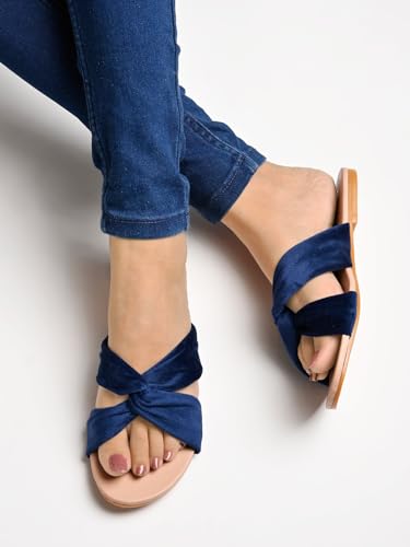 Shoetopia Girls Blue Flat Slide Sandals  Soft Suede Knot Strap Casual Summer Slip-Ons For Everyday Comfort Stylish, |Footwear Li