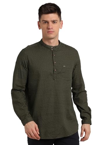 Turtle Men 100% Cotton Dark Green Printed Slim Fit Casual Kurta Shirt