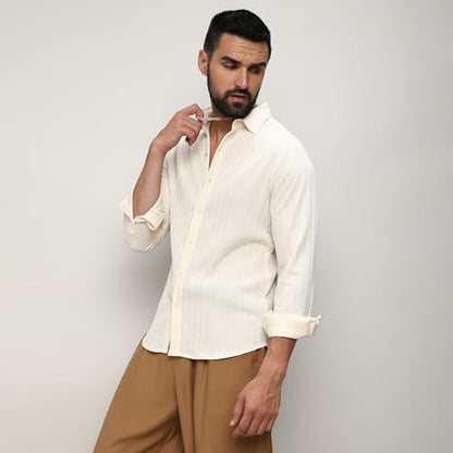 Campus Sutra Mens Pale Yellow Self-Design Striped Shirt for Casual Wear | Spread Collar | Long Sleeve | Button Closure | Shirts