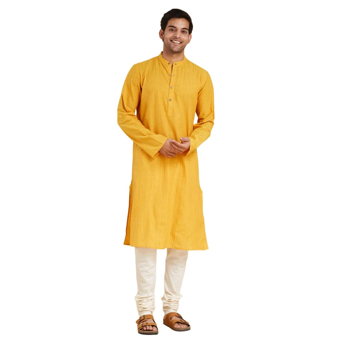 Fabindia Yellow Cotton Dobby Slim Fit Long Kurtas