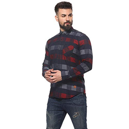 Campus Sutra MenS Navy Blue & Red Gun Club Check Shirt For Casual Wear | Spread Collar | Long Sleeve | Button Closure | Cotton