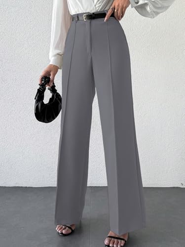 Shasmi Womens Solid Grey Color High Waist, Wide Straight-Leg Loose Fit, Front Button Closure, Simple Daily Casual Long Pants wi