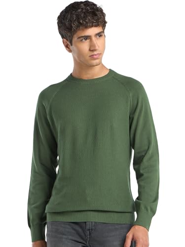 Bewakoof MenS Textured Regular Fit Raglan Sleeve Round Neck Cotton Sweater_680231_Green_S