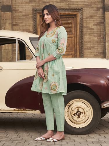 Womanista Womens Linen Solid Regular Embroidered Co-Ord Set 9143_Sea Green