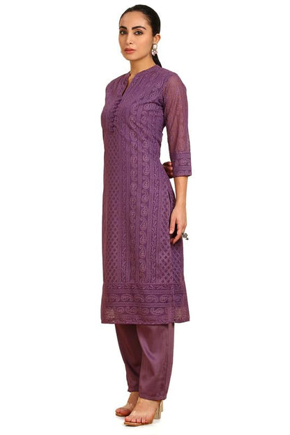 Soch Womens Purple Paisley Embroidered Mandarin Collar Georgette Kurta