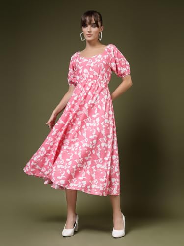OOMPH! Womens Western & Fusion wear Printed Crepe Dress for Women, Puffed Sleeve, Pink - md994