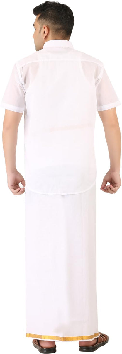PRAKASAM COTTON Mens Half Sleeve Shirt With Double Dhoti Set