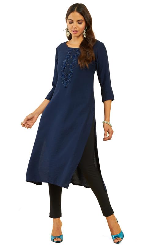 Soch Womens Navy Blue Viscose Blend Cutdana Embroidered Round-Neck Straight Kurta