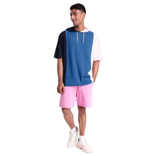 Bewakoof Mens Blue & Pink Color Block Half Sleeve Oversized Fit Hoodie