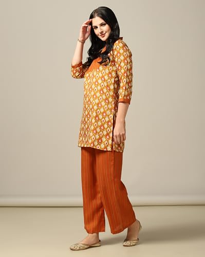TOPLOT Ladies Cotton Blend Printed Kurta with Trousers, Small, Orange, Model: Kurta-Pant-5175