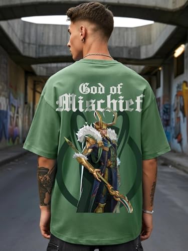 Bewakoof Heavy Duty 1.0 Official Marvel Merchandise Loki Mens Graphic Print Oversized Fit Half Sleeve Round Neck 100% Cotton T-