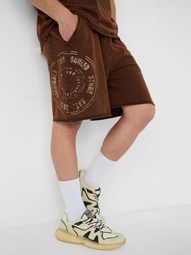 The Souled Store Vintage Wash: Chestnut Men and Boys Drawstringed Brown Graphic Printed Knee Length Cotton Bermuda Shorts