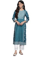 Teal Placement Printed Kurta with Round Neckline,Three Quarter Sleeves,Calf Length Straight Kurta,Side Slit,Straight Hemline.