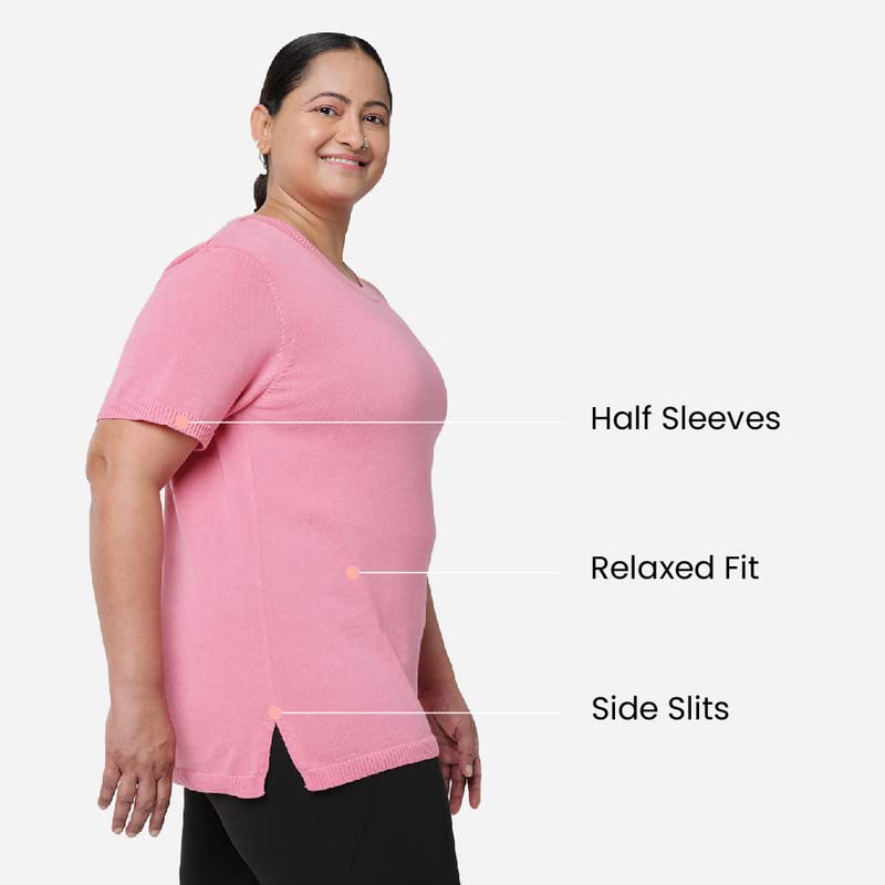 BlissClub Women at-Ease Cotton Knit Tees | 100% Cotton | CottonKnit Fabric | Loose Half-Sleeves | Western Tops | Side-Slits | Hi