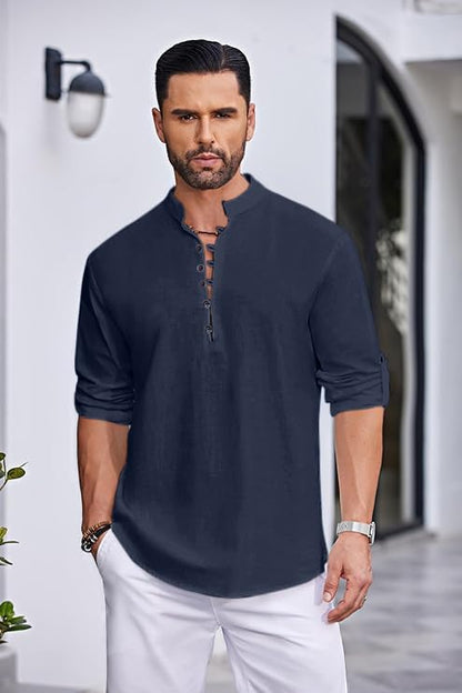 Finivo Fashion MenS Solid Cotton Blend Straight Kurta Shirt, Regular Fit Full Sleeve Short Kurta Shirt Navy