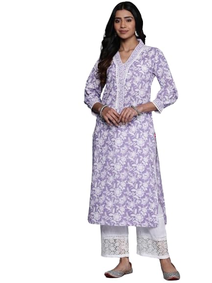 Varanga Women Floral Printed V-Neck with Lace Detail Kurta