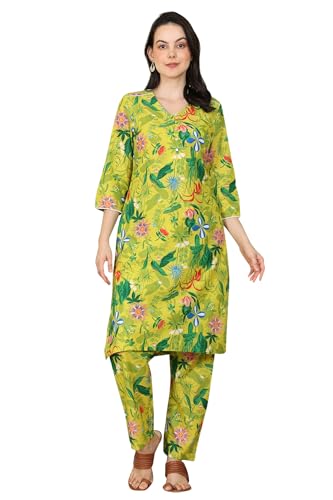W for Woman Green Floral Printed Pure Cotton Straight Kurta and Pants Co-ord Set