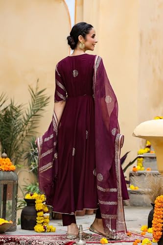 GoSriKi Womens Cotton Blend Printed Anarkali Kurta with Pant & Dupatta (Berlin Wine-GS_S_Wine_Small)