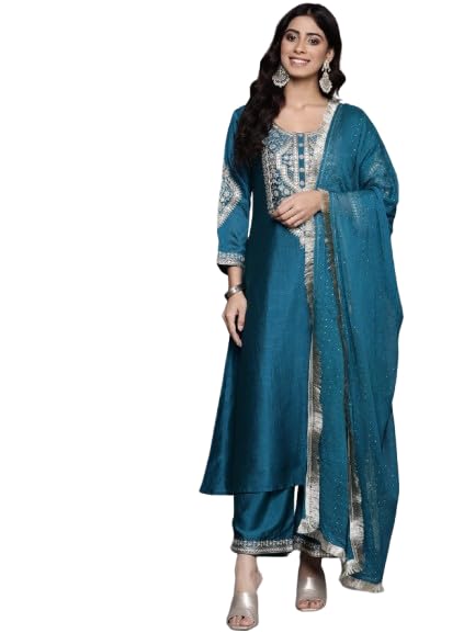 VARANGA Women Turquoise Blue Heavy Zari Embroidered Kurta With Bottom And Dupatta