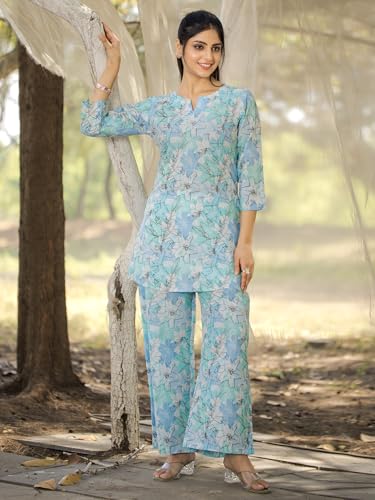 Pinkmint Pure Cotton Co Ord Set For Women L Flower & Leaf Pattern Set L 3/4 Sleeve Co Ord Set