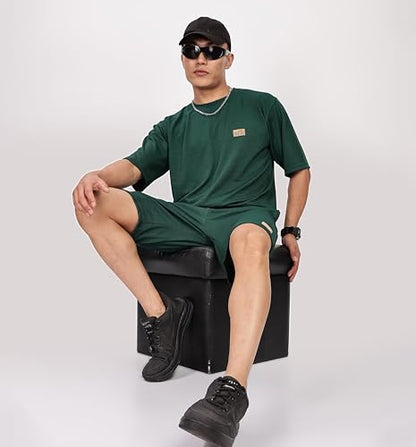 Shodox MenS Round Neck Solid Relaxed Fit Tshirt And Short Co-Ords Set For Mens (Pack Of 1) Bottle Green