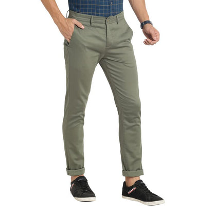 Turtle Men Cotton Olive Printed Narrow Fit Stretchable Casual Trousers
