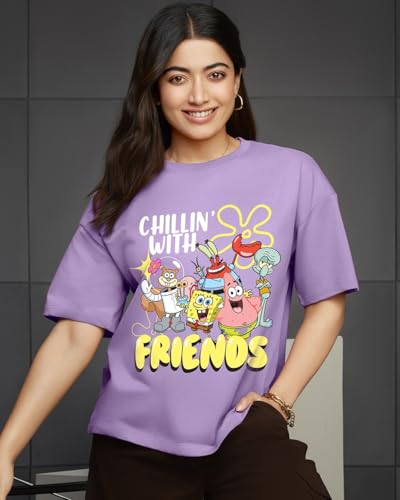 Bewakoof Heavy Duty 1.0 Official Spongebob Merchandise Womens Graphic Print Oversized Fit Half Sleeve Round Neck Terry T-Shirt_