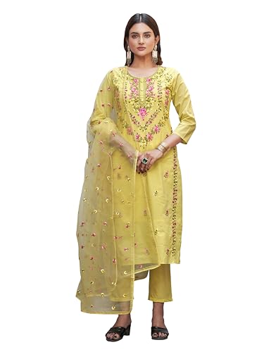 Womanista WomenS Pure Cotton Kurta With Trouser & Dupatta (Kurtaset_1414_Yellow