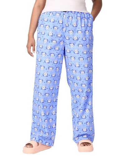 Bewakoof Official Disney Merchandise Marie Womens All Over Printed Regular Fit Poplin Plus Size Pyjama_645115_Blue_4XL