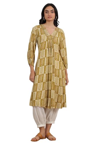 W for Woman Paisley Printed Cotton Crepe Gathe Kurta with Mirror Embroidery