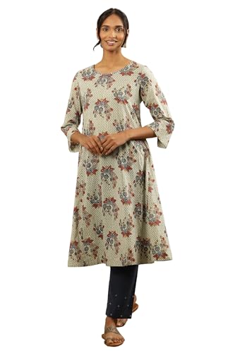 W for Woman Folksong by W Women Green Printed Cotton A-Line Kurta