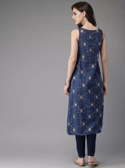 Patlani WomenS Cotton Blened Sleeveless Printed Full Stitched Kurti.(K-199) Blue