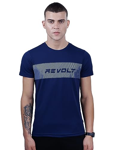 REVOLT Solid Slim Fit Men's Soft & Comfortable Round Neck T-Shirt-Gradation Print, Logo Branding (Midnight Navy, XL) (REVSS23-TE