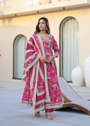 Varanga Women Ethnic Jaipuri Floral Printed Angrakha Anarkali Kurta With Trouser & Dupatta