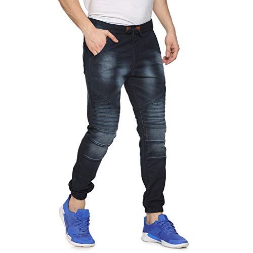 Campus Sutra MenS Classic Blue Dark-Washed Regular Fit Denim Jeans With Drawstring Premium Stretchable Cotton Mid-Rise Crafted W